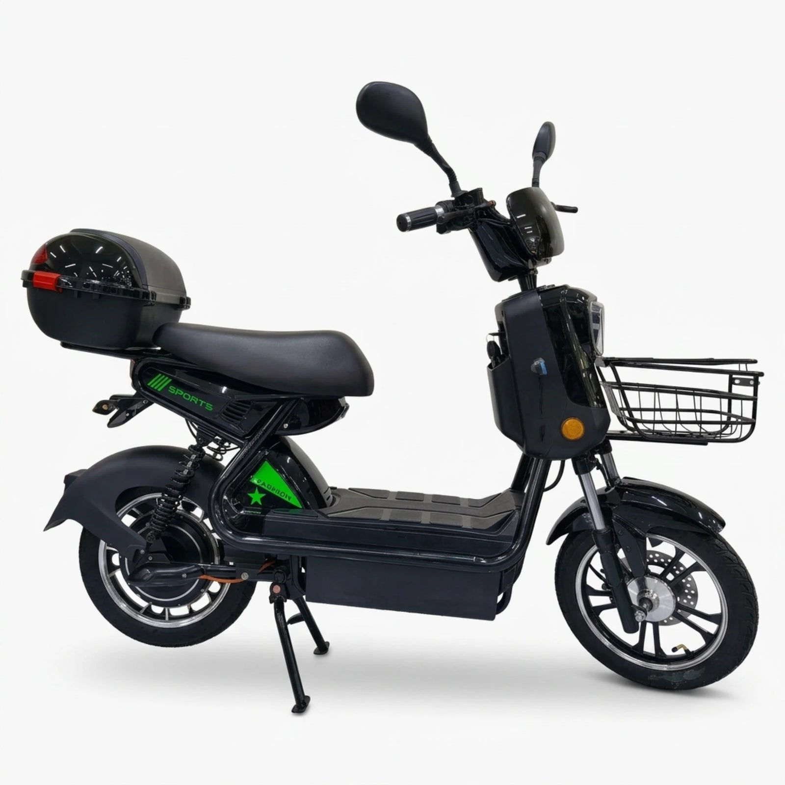 Black seated electric bike with front basket and rear storage box – opposite side profile