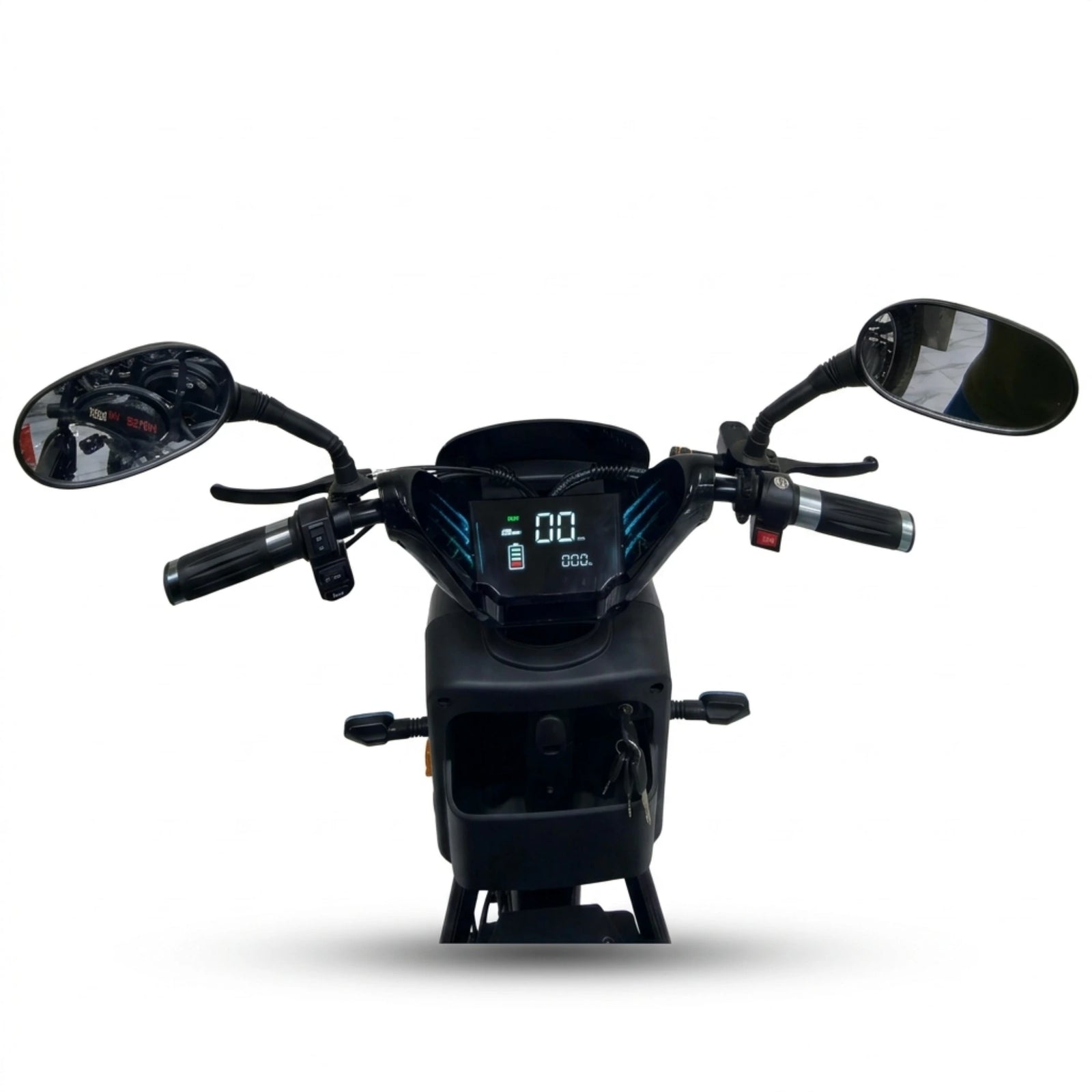 Black seated electric bike with front basket and rear storage box – handlebars, mirrors and digital display close-up