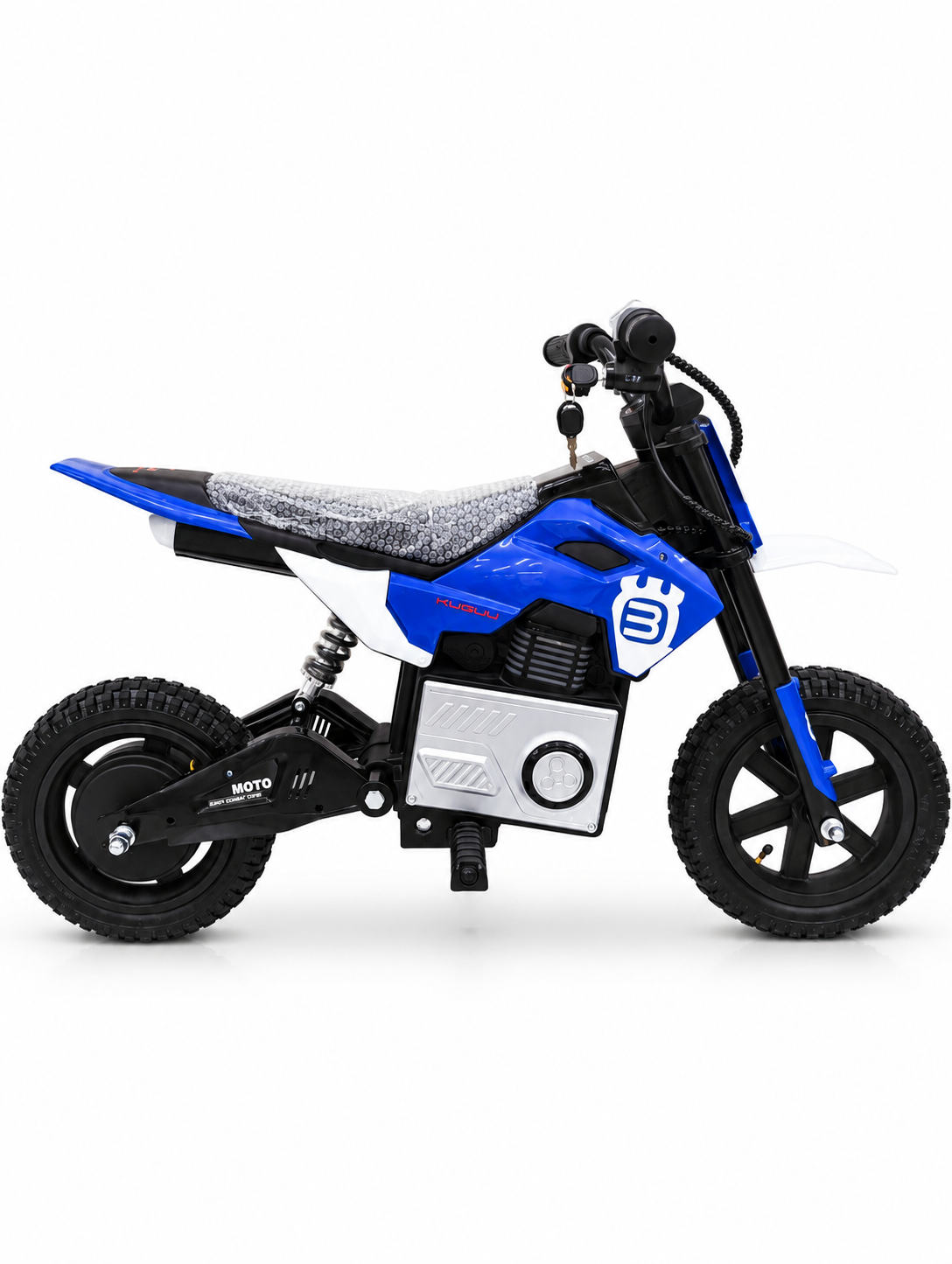 Blue kids electric dirt bike – right side profile