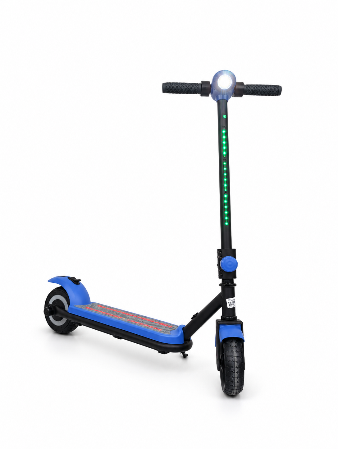 Blue Kids Electric Stand Scooter with LED Lights – Opposite front three-quarter view with lights on
