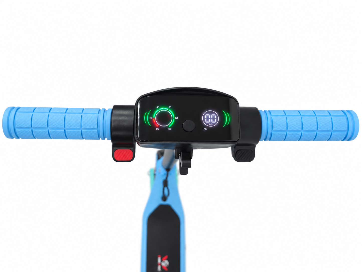 Light Blue Kids Electric Stand Scooter – Handlebar controls close-up