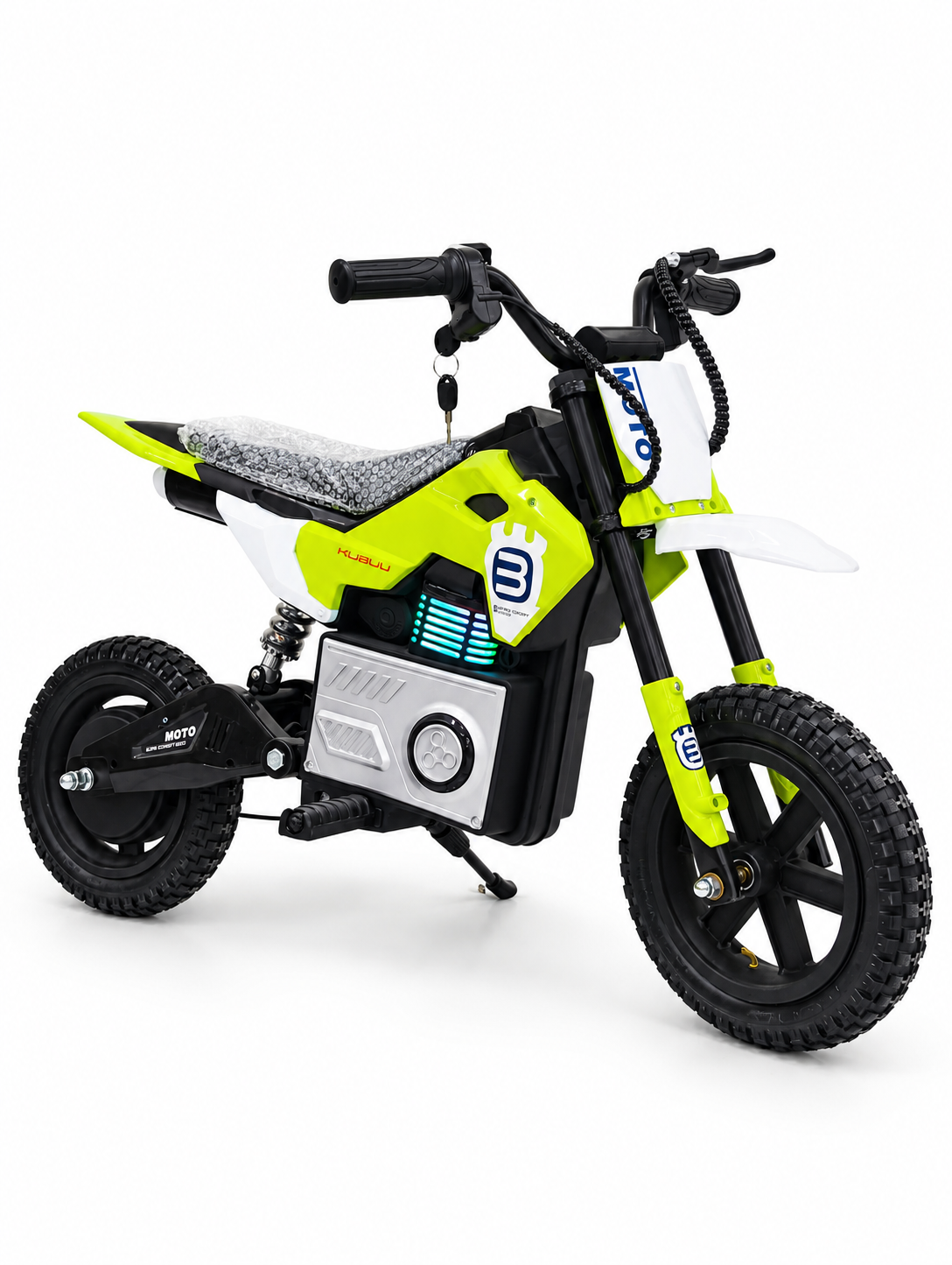 Lime green kids electric dirt bike – front three-quarter view with illuminated side panel