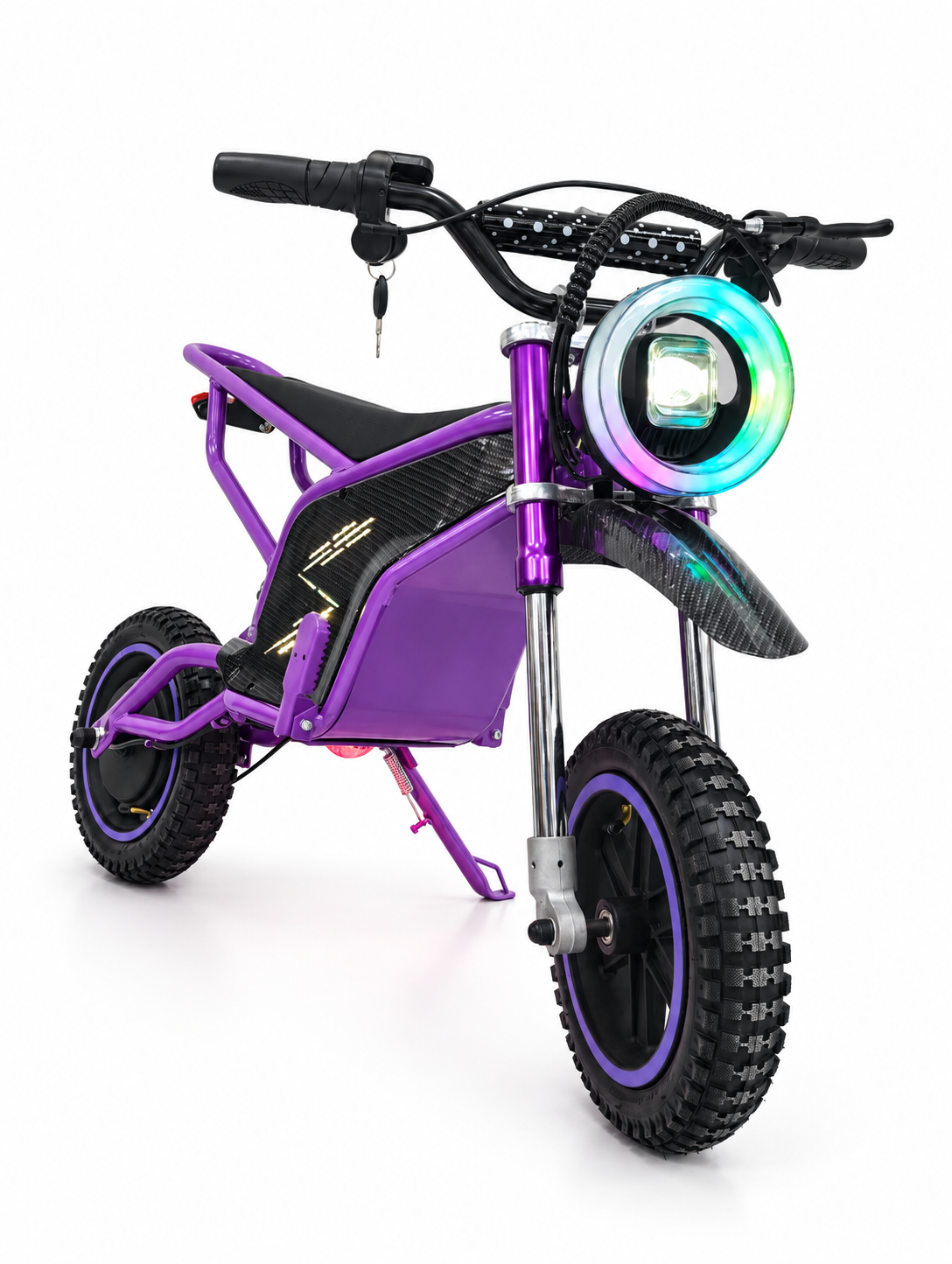 Purple Kids Mini Electric Dirt Bike – Front three-quarter view with lights on
