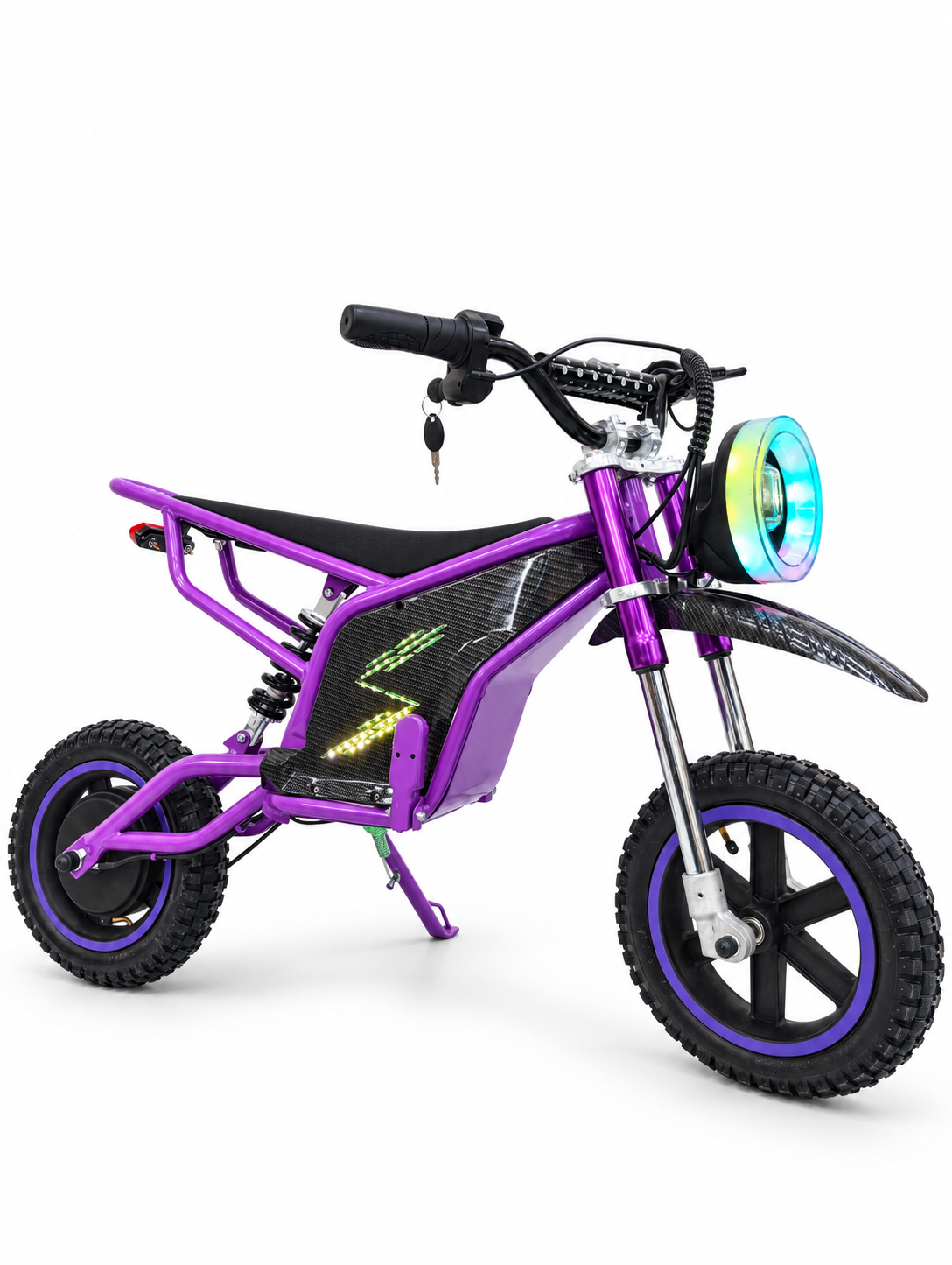 Purple Kids Mini Electric Dirt Bike – Angled side view with lights on