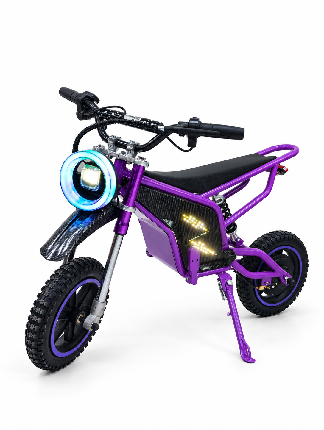 Purple Kids Mini Electric Dirt Bike – Opposite front three-quarter view with lights on