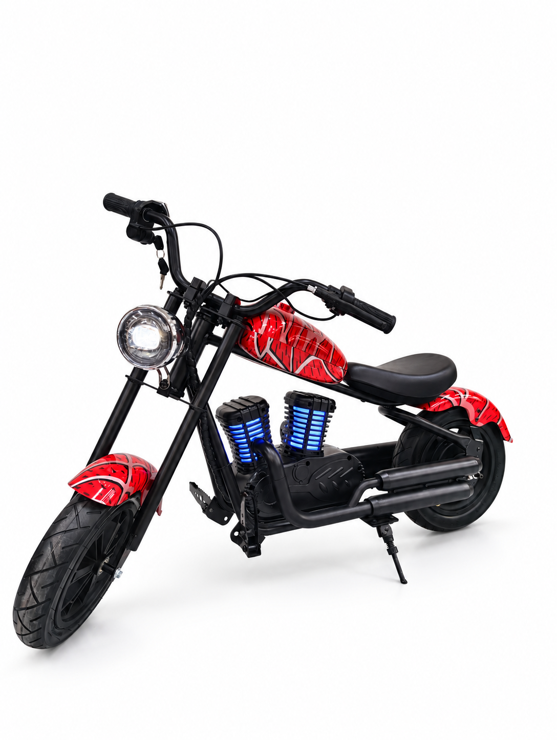 Red Kids Mini Electric Cruiser Motorbike – Front three-quarter view with blue lights