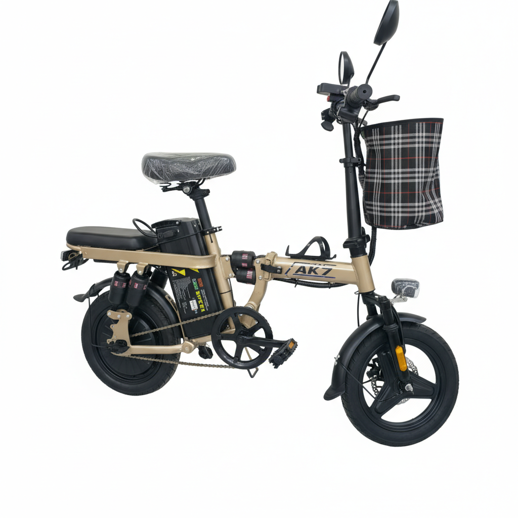 AK7 Folding Electric Bike – 48V Commuter E-Bike (Beige)