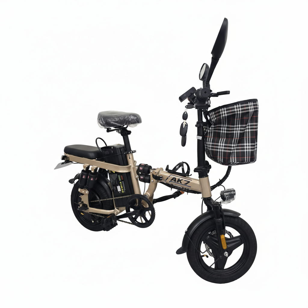 AK7 Folding Electric Bike – 48V Commuter E-Bike (Beige)