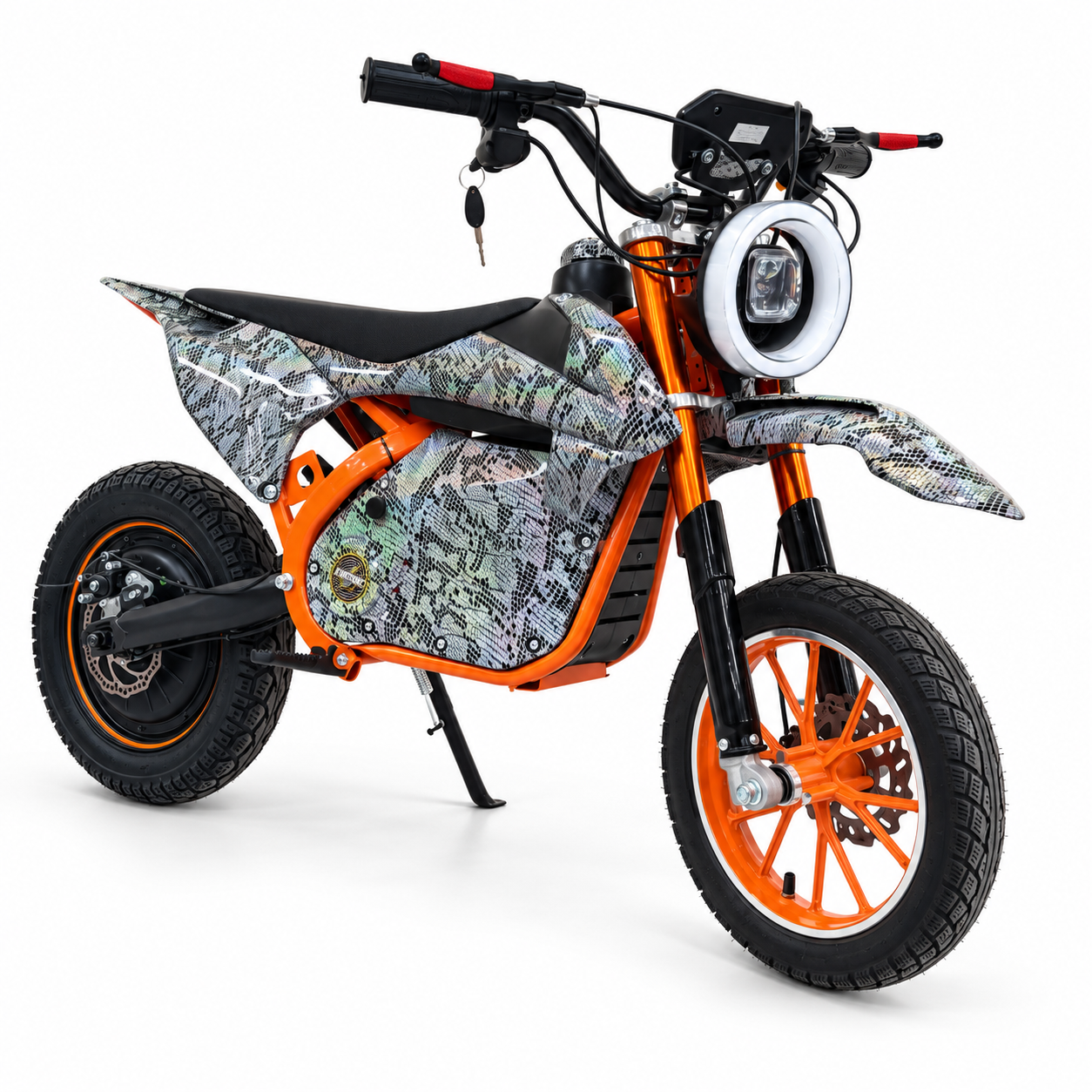 AK7 GTM 2 kids electric dirt bike – opposite front three-quarter view on a white studio background
