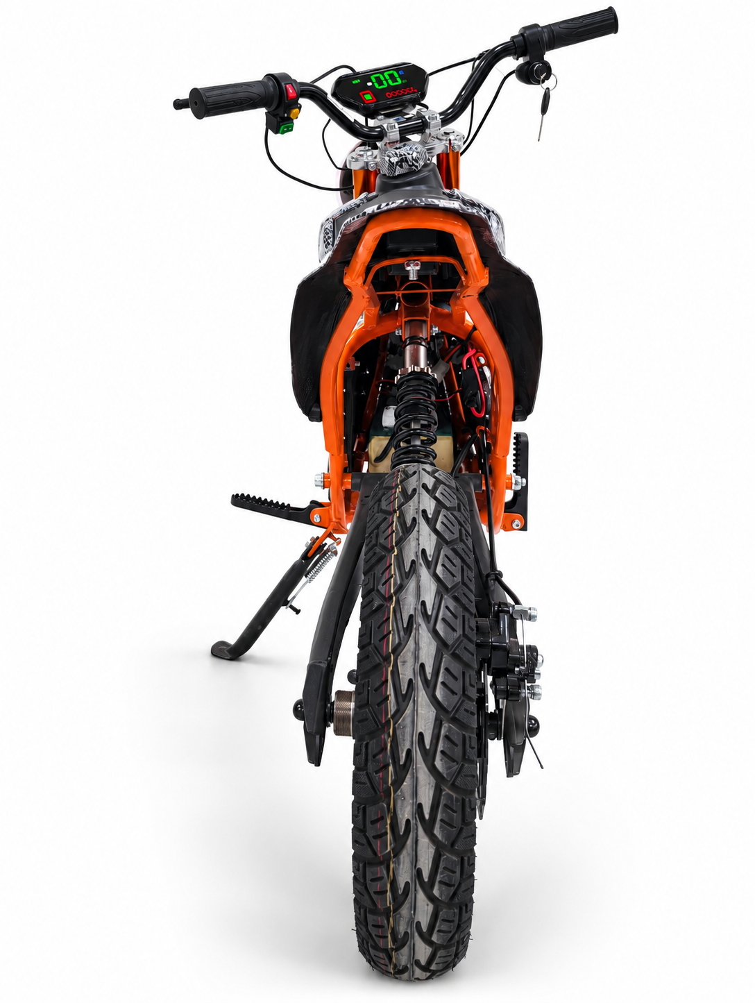 AK7 GTM 2 kids electric dirt bike – rear view showing tyre, suspension and handlebar display on a white studio background
