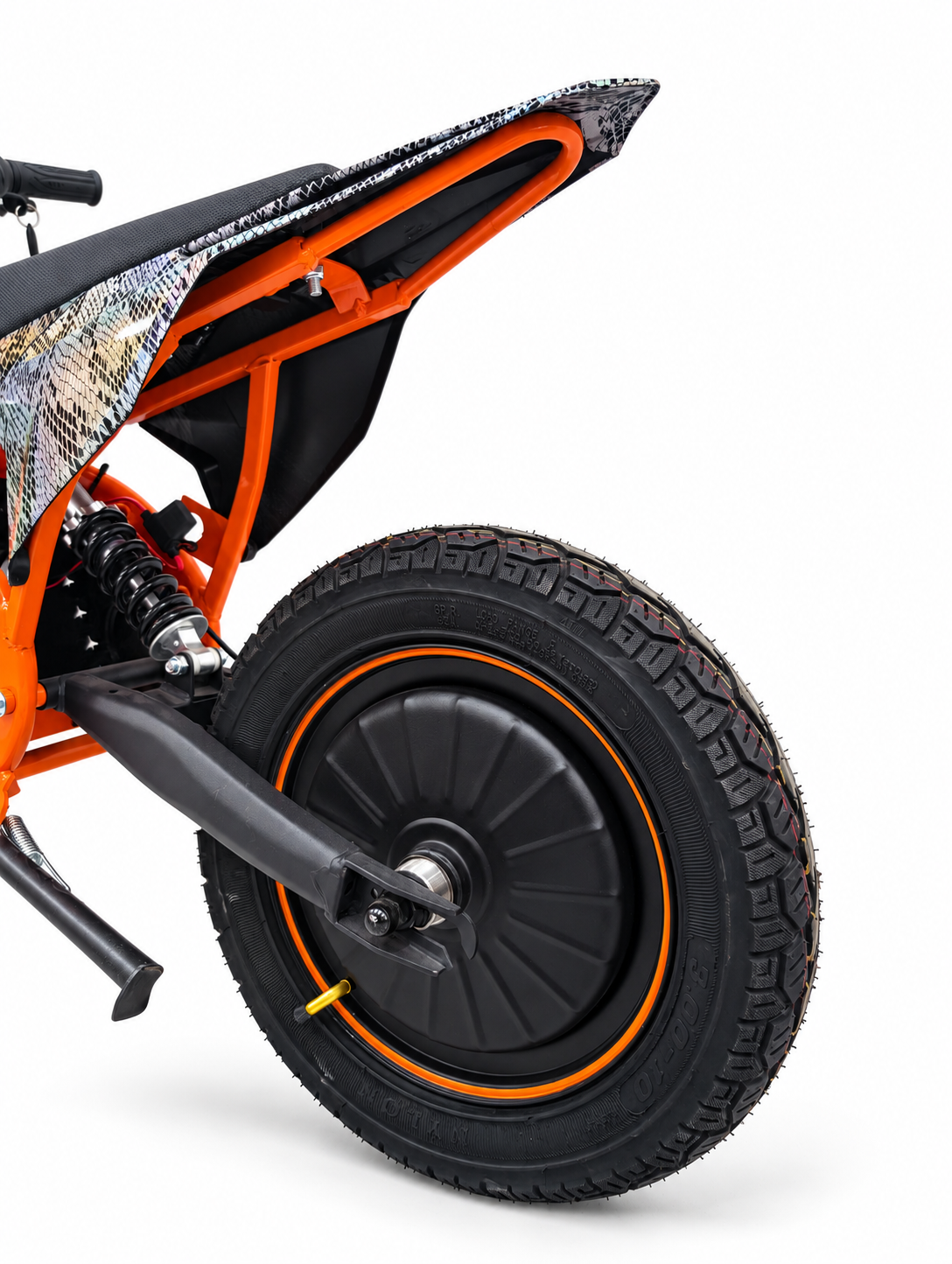 AK7 GTM 2 kids electric dirt bike – rear hub wheel and suspension close-up on a white studio background