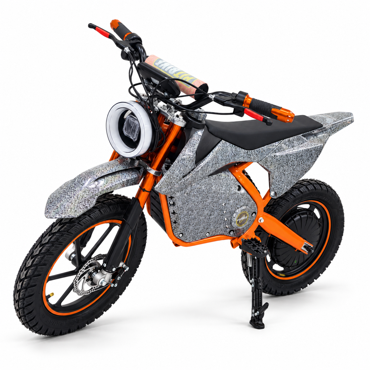 AK7 GTM 3 Orange kids electric dirt bike – front three-quarter view on a white studio background
