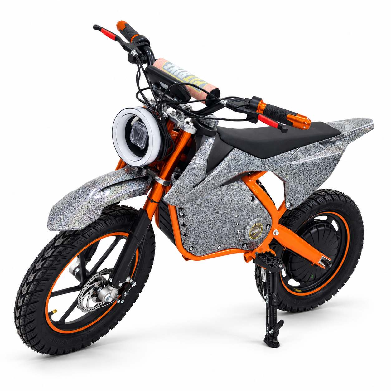 AK7 GTM 3 Orange kids electric dirt bike – front three-quarter view on a white studio background