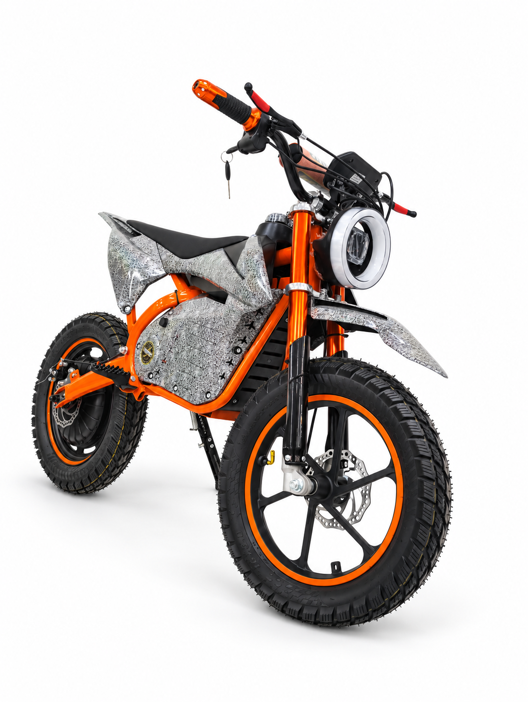 AK7 GTM 3 Orange kids electric dirt bike – opposite front three-quarter view on a white studio background