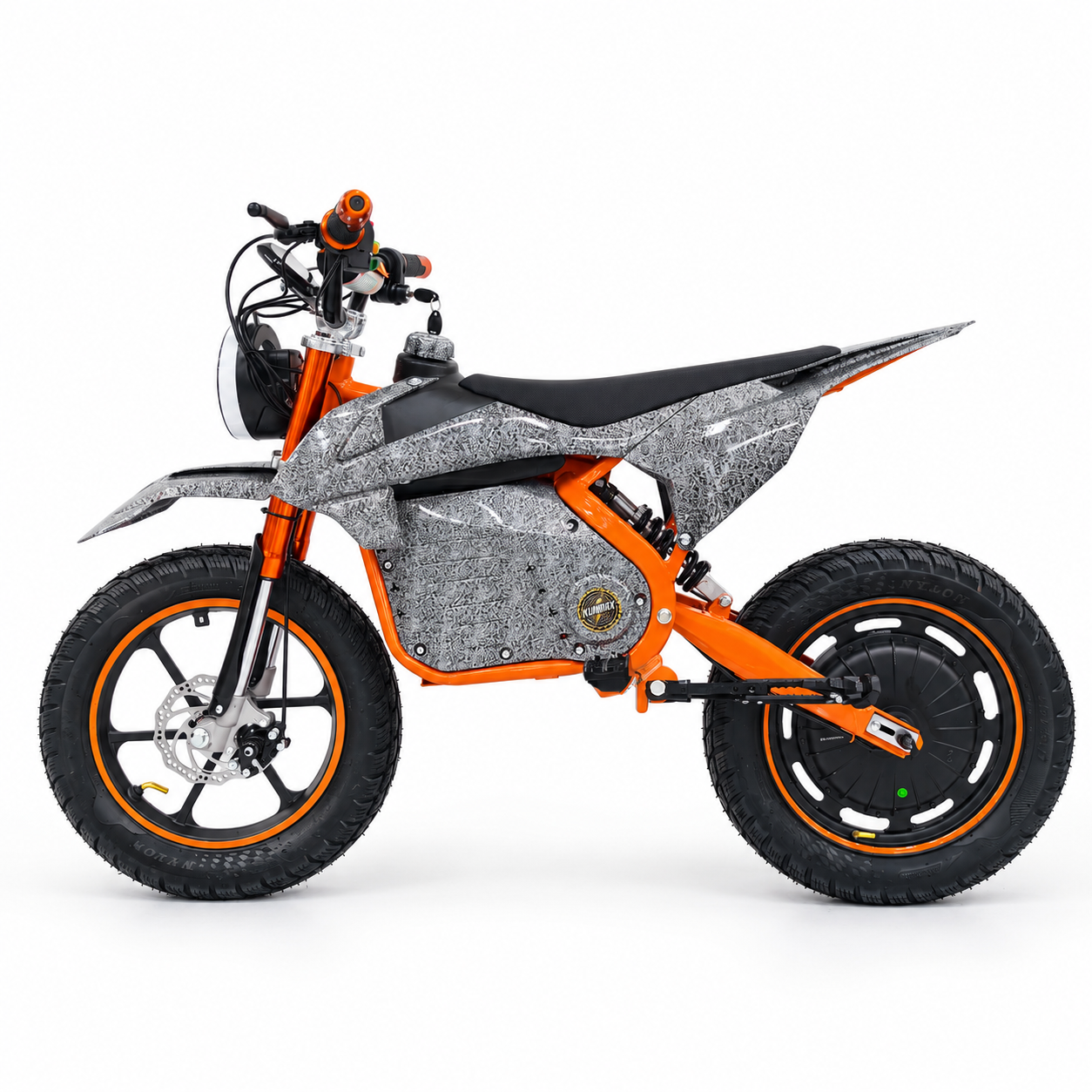 AK7 GTM 3 Orange kids electric dirt bike – left side profile on a white studio background
