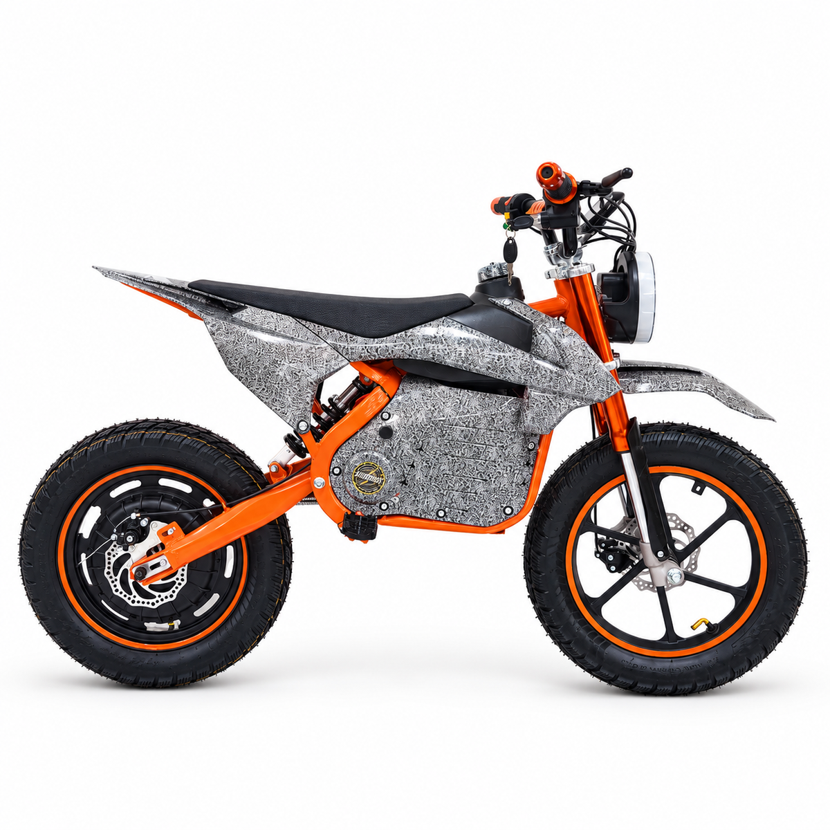 AK7 GTM 3 Orange kids electric dirt bike – right side profile on a white studio background