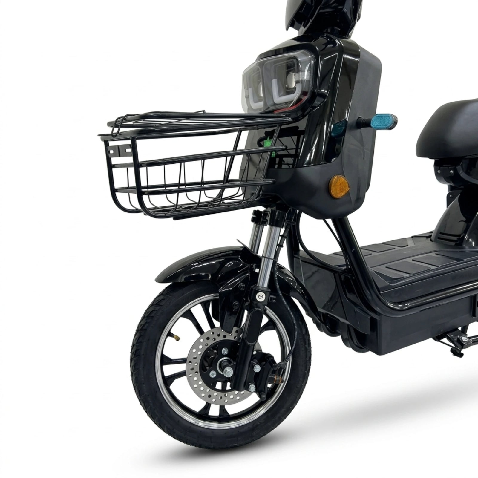 Black seated electric bike with front basket and rear storage box – front basket, headlight and wheel detail