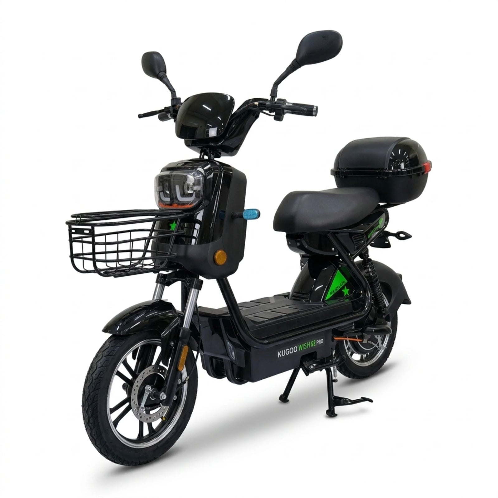 Black seated electric bike with front basket and rear storage box – front three-quarter view showing the full bike