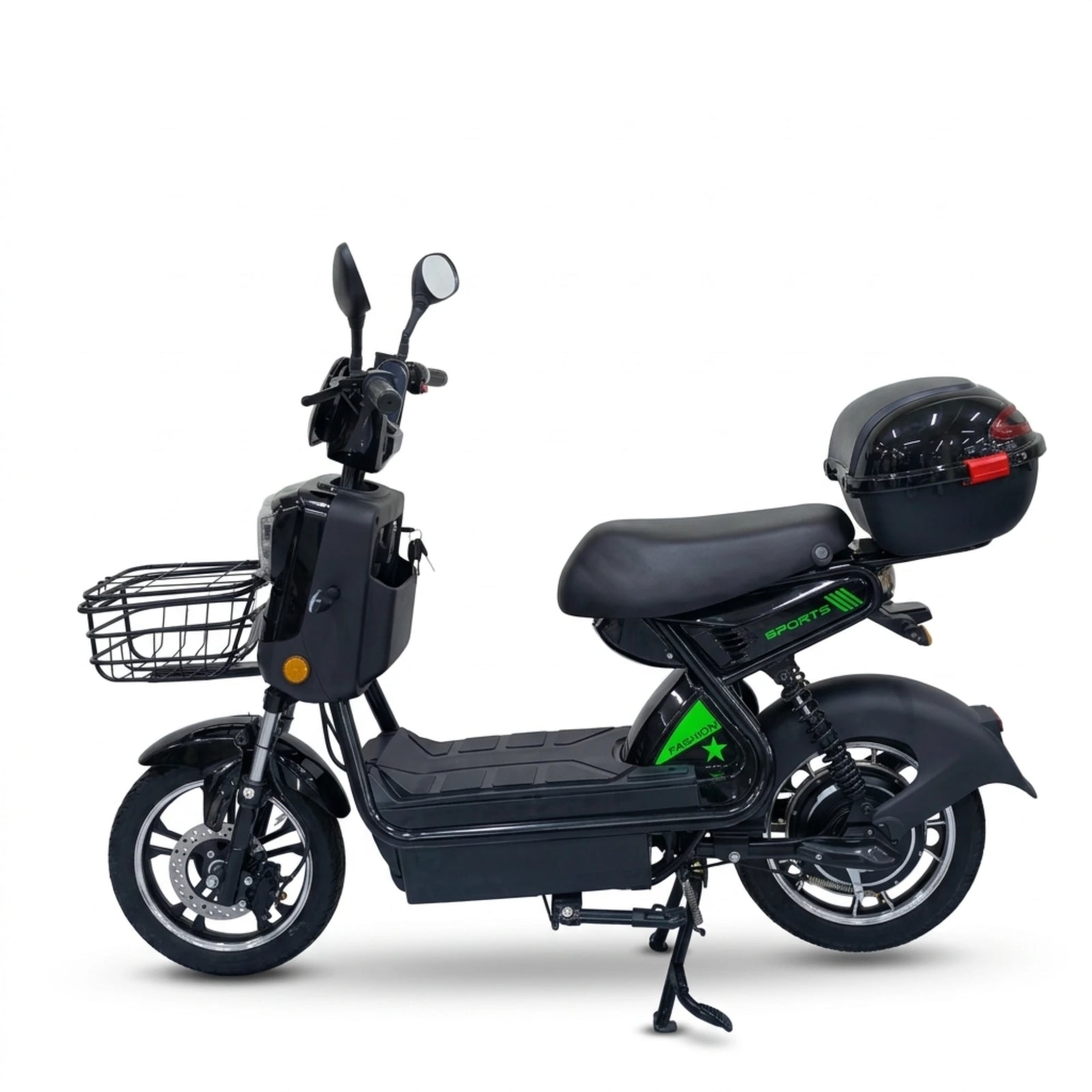 Black seated electric bike with front basket and rear storage box – side profile with front basket and rear storage box