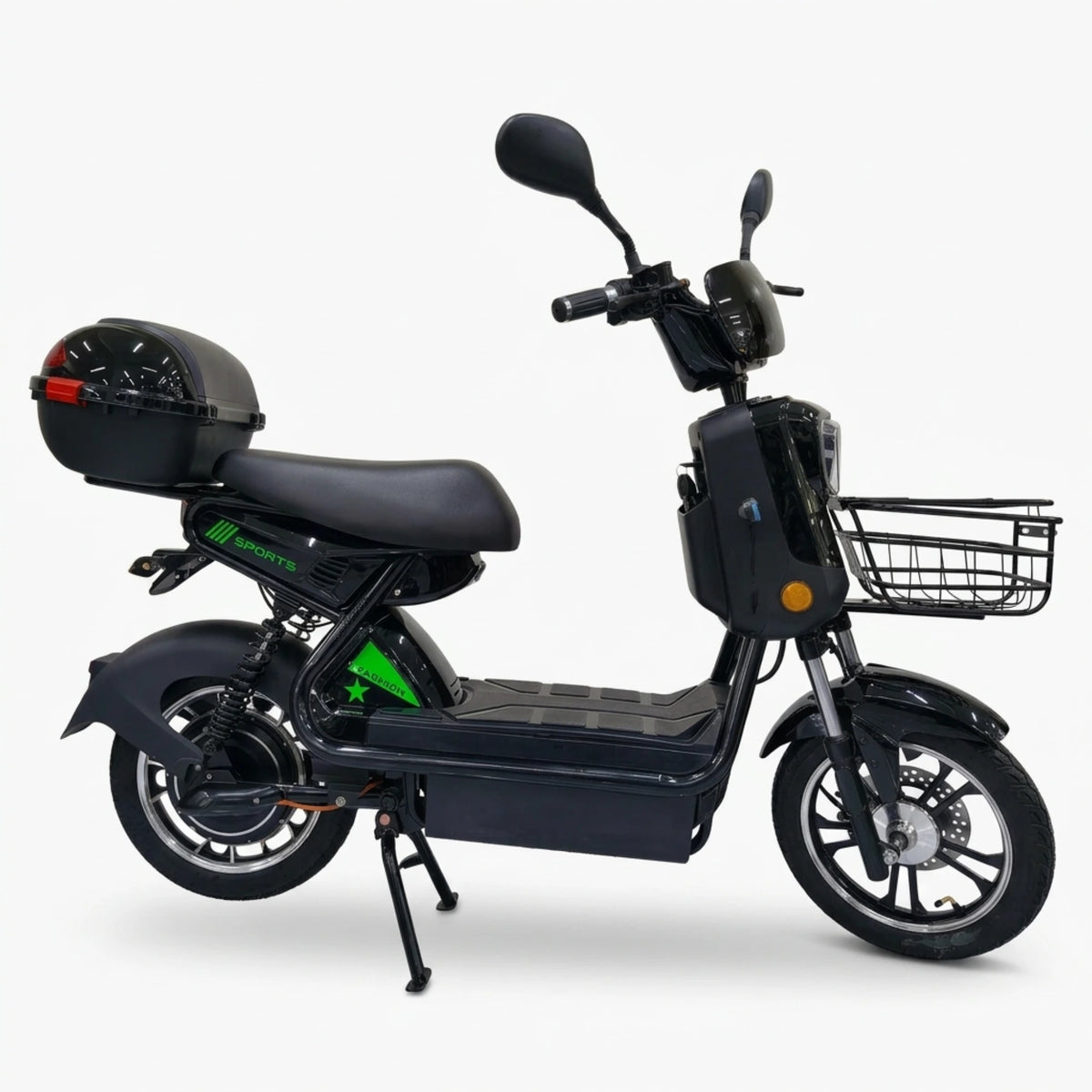 Black seated electric bike with front basket and rear storage box – opposite side profile
