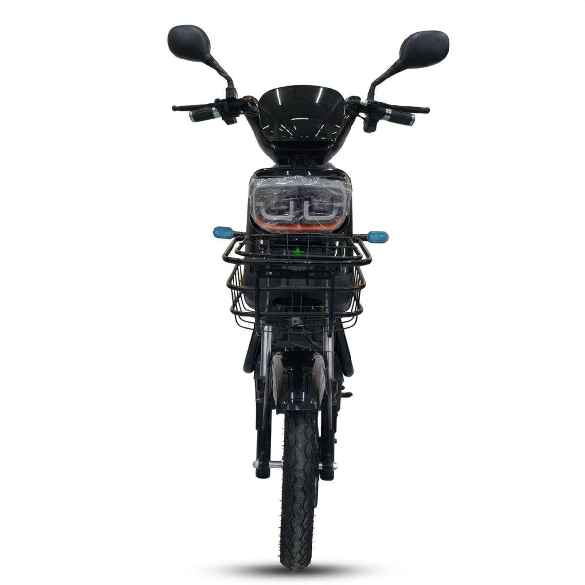 Black seated electric bike with front basket and rear storage box – straight front view