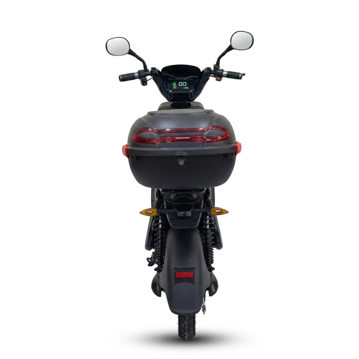 Black seated electric bike with front basket and rear storage box – straight rear view showing storage box and tail light