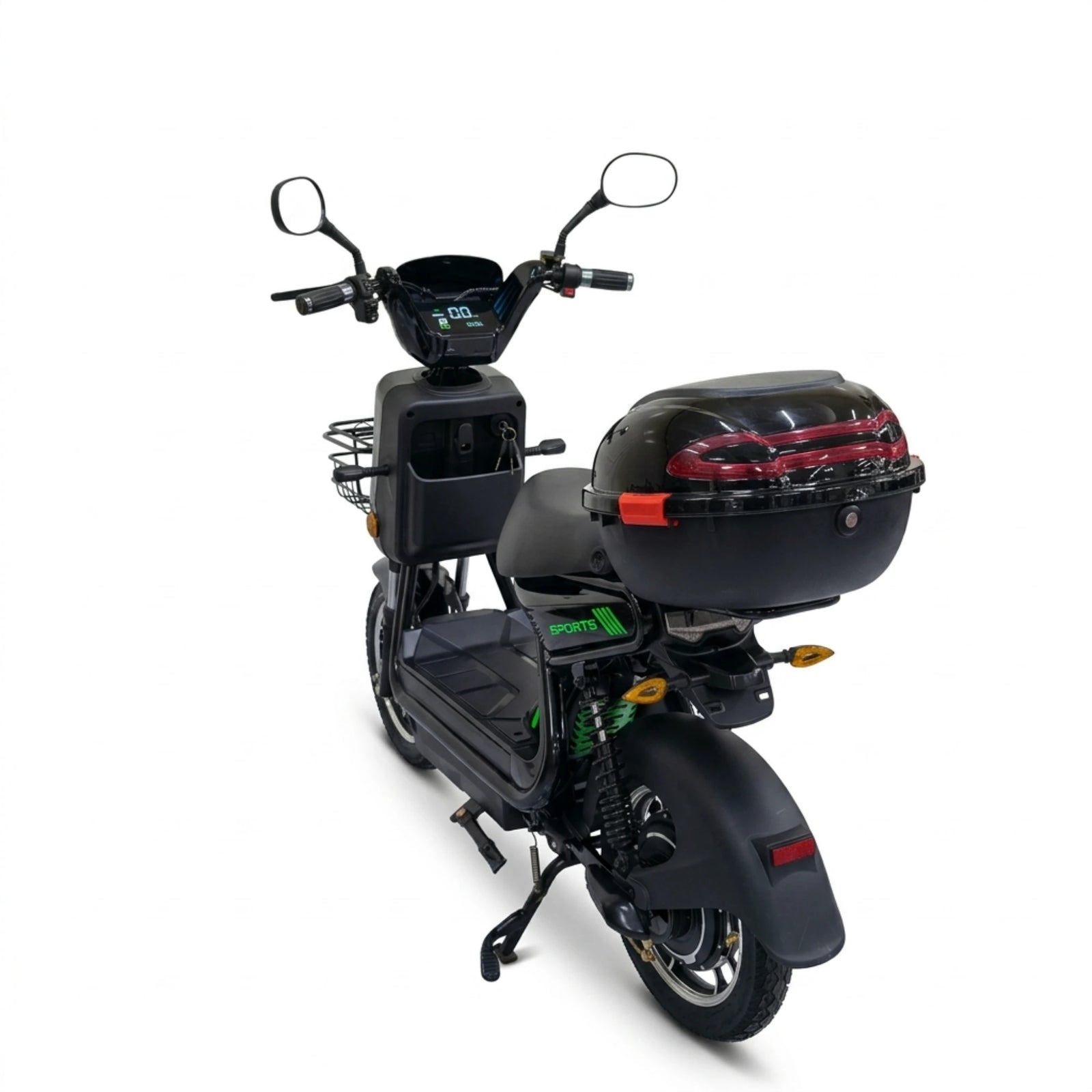 Black seated electric bike with front basket and rear storage box – rear three-quarter view