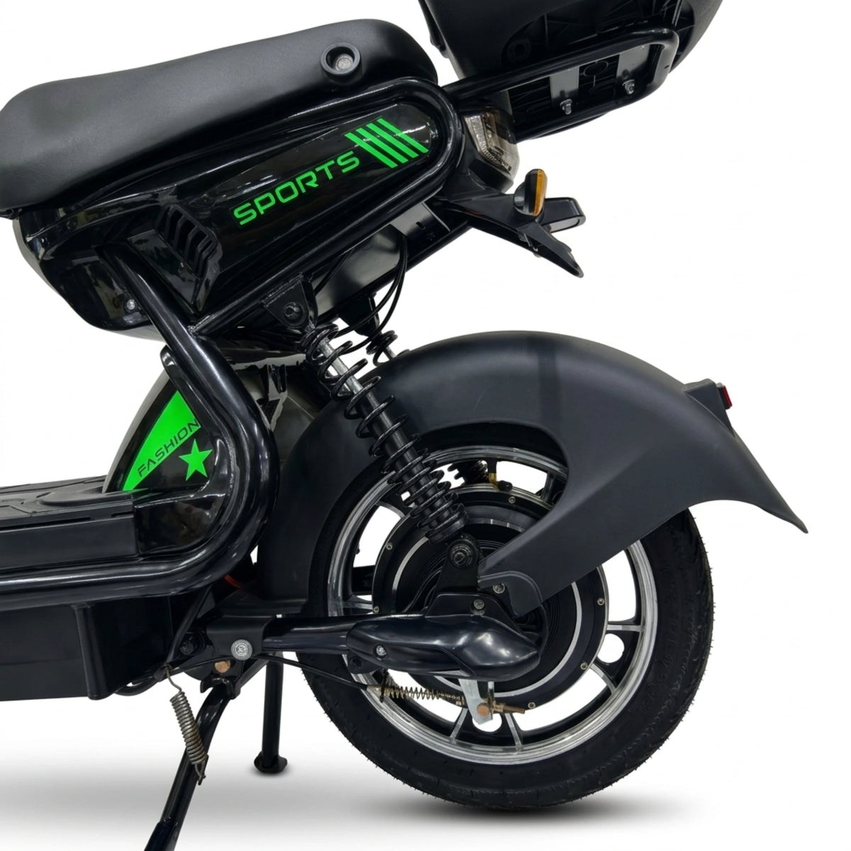 Black seated electric bike with front basket and rear storage box – rear wheel and suspension detail