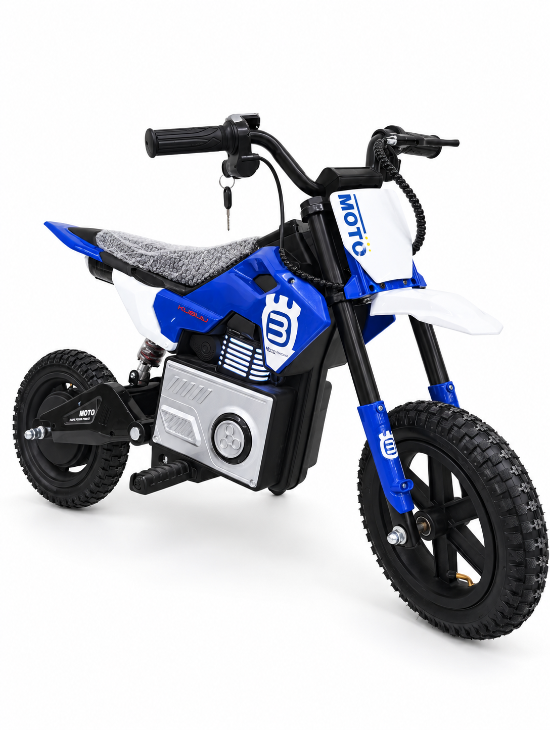 Blue kids electric dirt bike – front three-quarter view