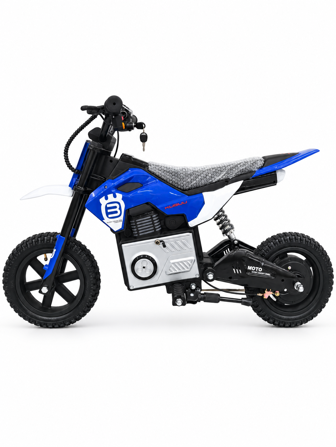 Blue kids electric dirt bike – left side profile