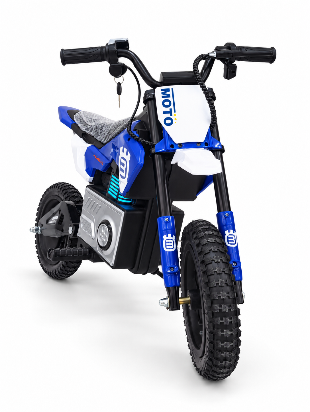 Blue kids electric dirt bike – front view with illuminated side panel