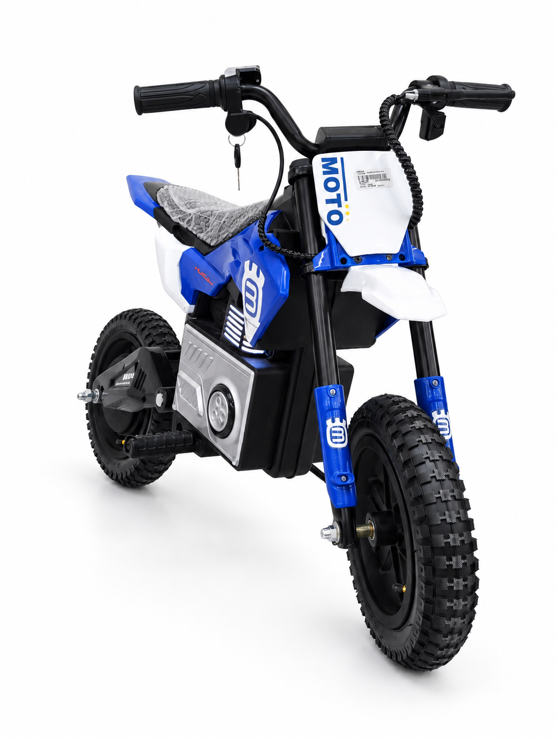 Blue kids electric dirt bike – alternate front angled view