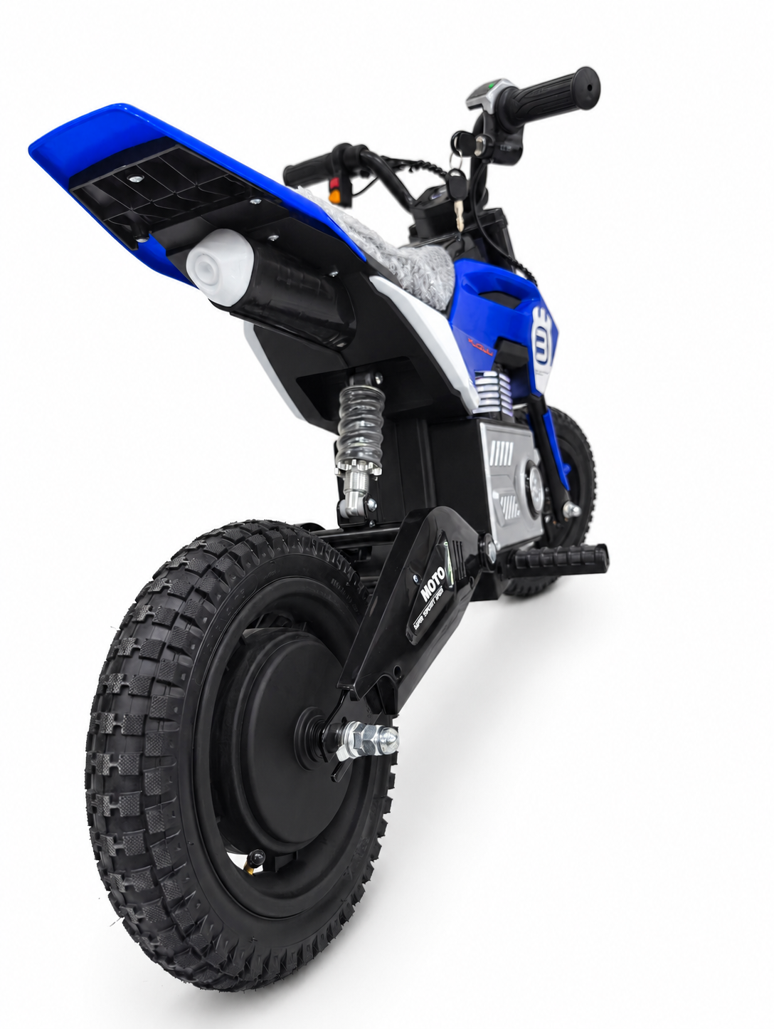 Blue kids electric dirt bike – rear wheel and spring suspension close-up