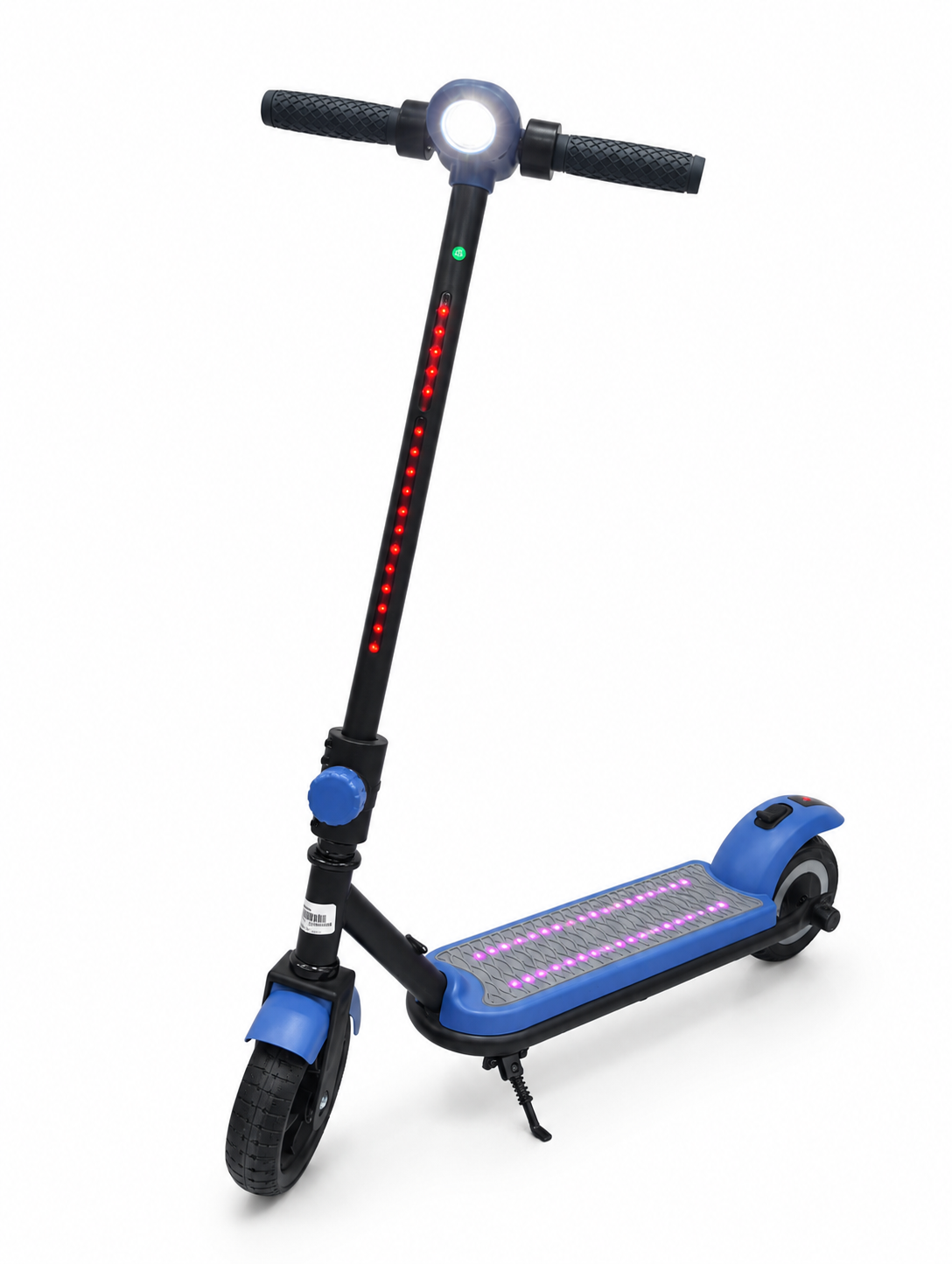 Blue Kids Electric Stand Scooter with LED Lights – Front three-quarter view with lights on