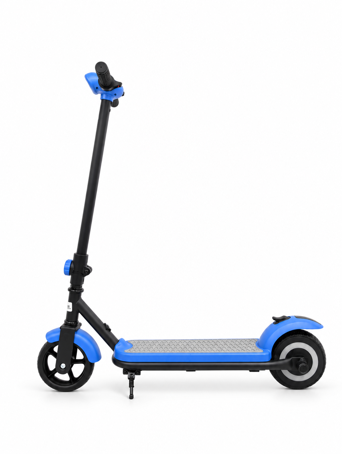 Blue Kids Electric Stand Scooter with LED Lights – Front three-quarter view with lights on