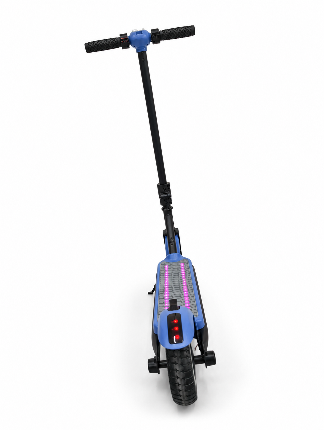 Blue Kids Electric Stand Scooter with LED Lights – Rear view with deck lights