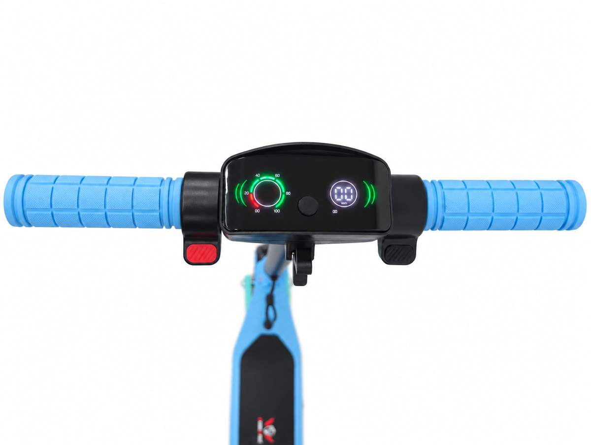 Light Blue Kids Electric Stand Scooter – Handlebar controls close-up