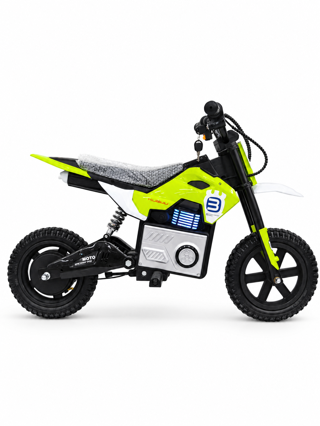 Lime green kids electric dirt bike – right side profile
