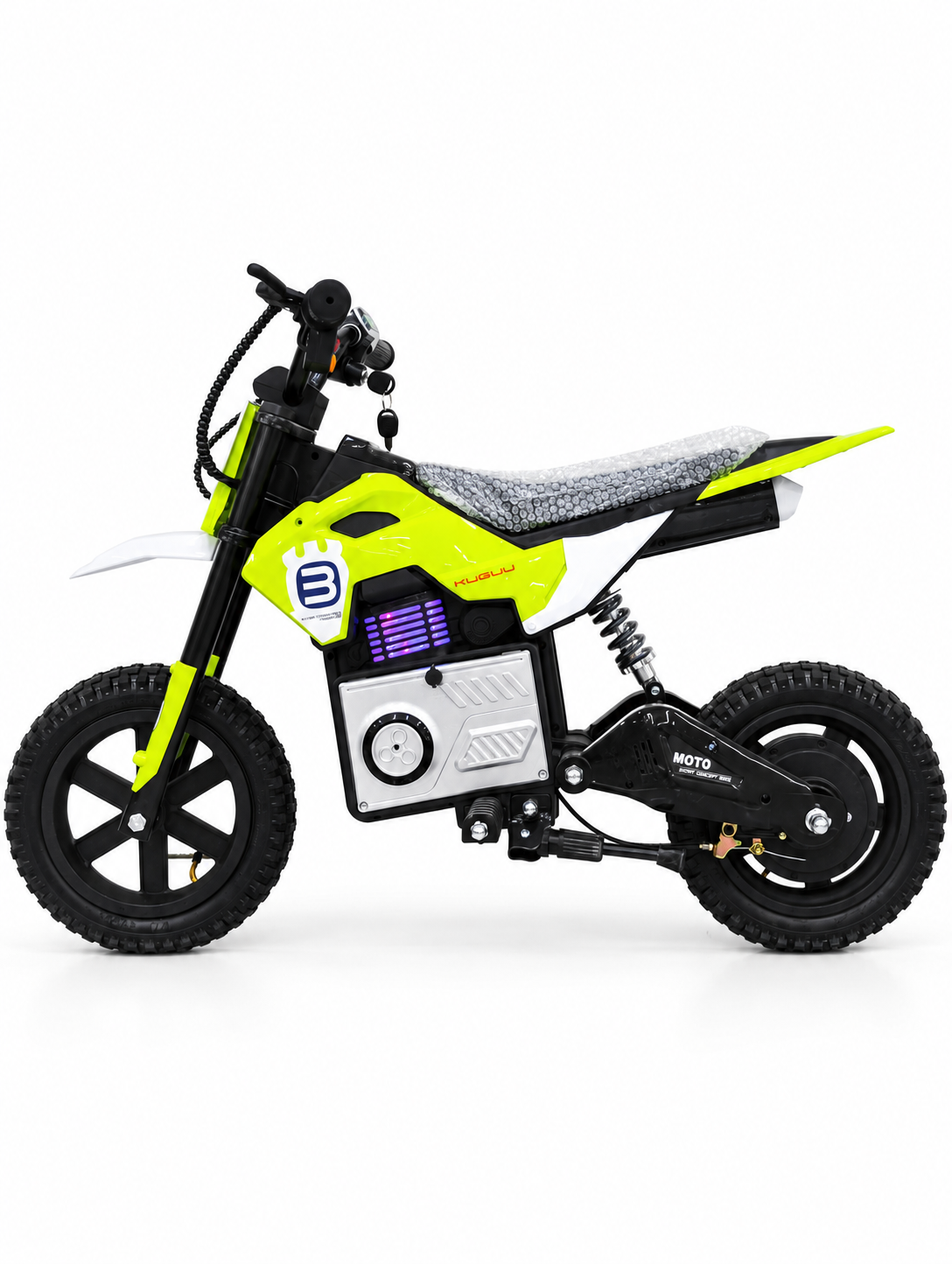 Lime green kids electric dirt bike – left side profile