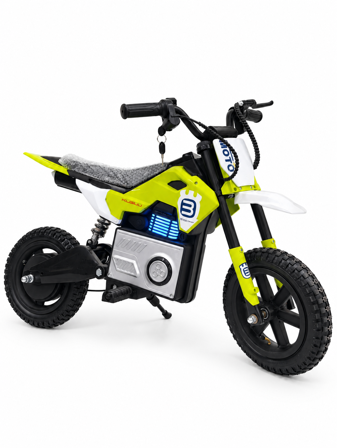 Lime green kids electric dirt bike – wide front three-quarter view