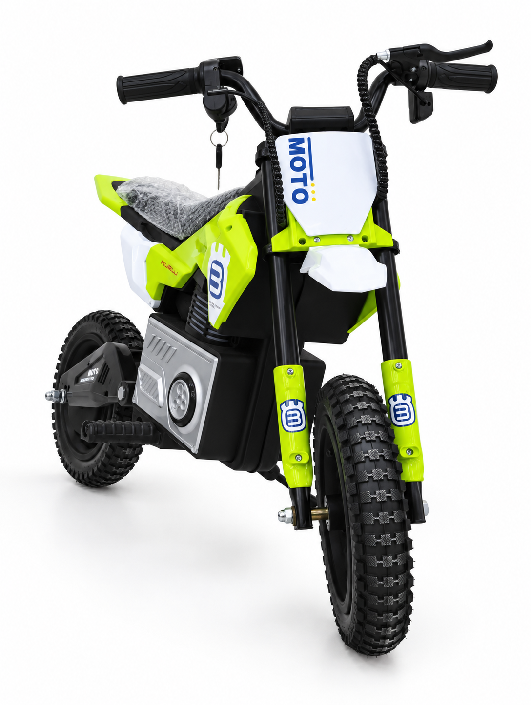 Lime green kids electric dirt bike – front angled view