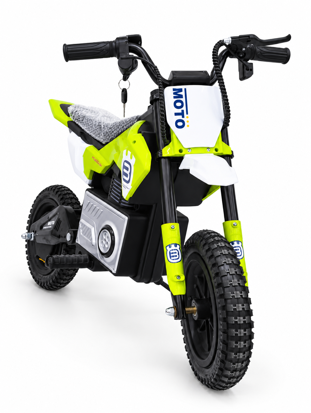 Lime green kids electric dirt bike – alternate front view