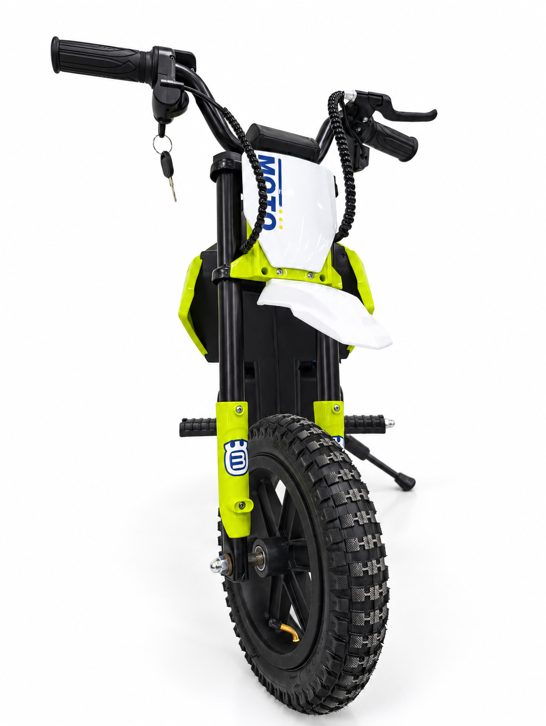 Lime green kids electric dirt bike – front wheel, forks and handlebars