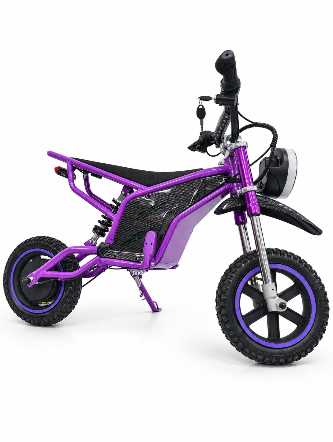 Purple Kids Mini Electric Dirt Bike – Angled side view