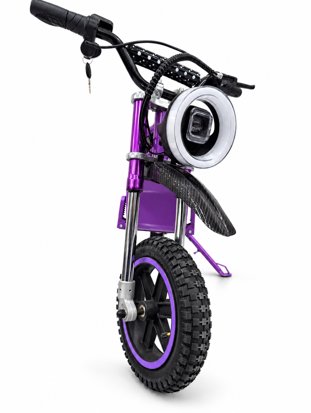 Purple Kids Mini Electric Dirt Bike – Front wheel and headlight view