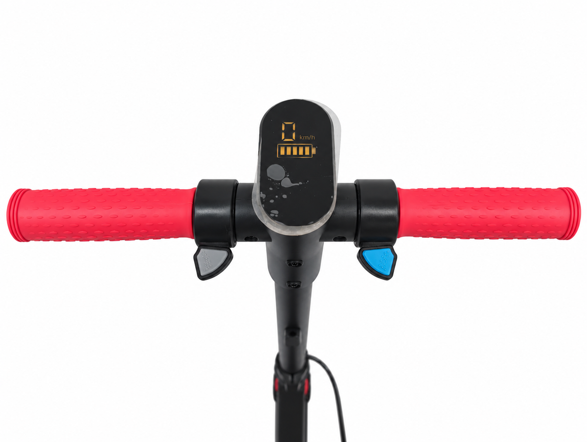 Red Kids Electric Stand Scooter – Handlebar display and controls close-up