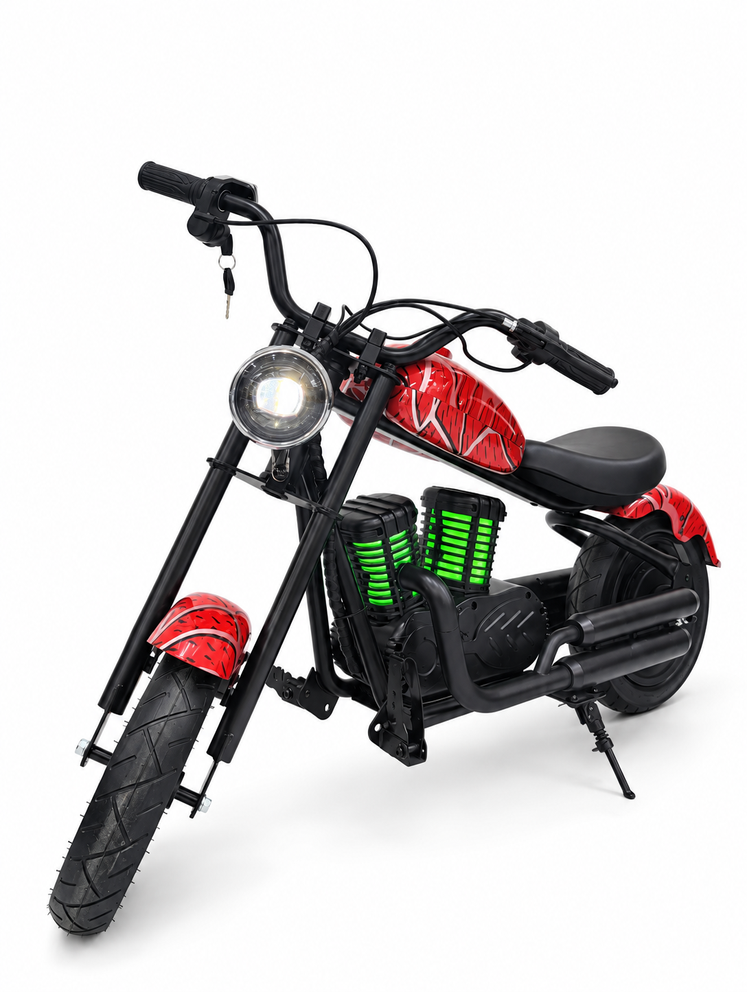 Red Kids Mini Electric Cruiser Motorbike – Front three-quarter view with green lights
