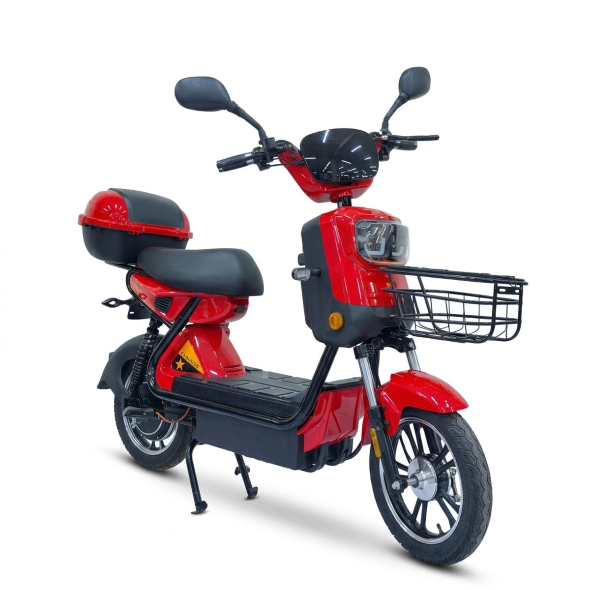 Red seated electric bike with front basket and rear storage box – front three-quarter view showing basket and rear storage box