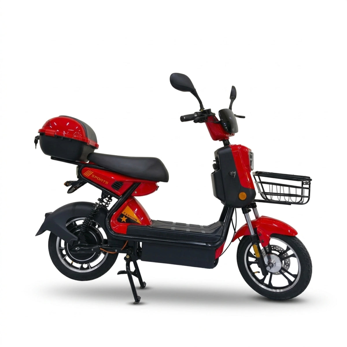 Red seated electric bike with front basket and rear storage box – right side profile