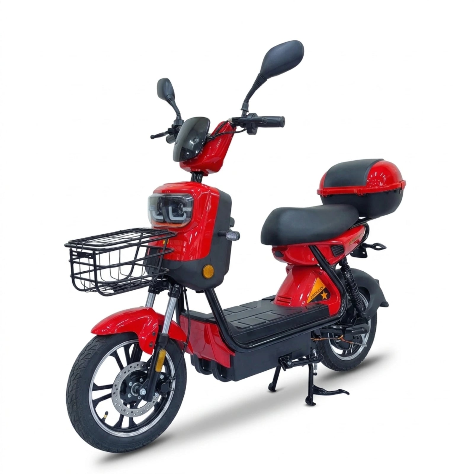 Red seated electric bike with front basket and rear storage box – opposite front three-quarter view